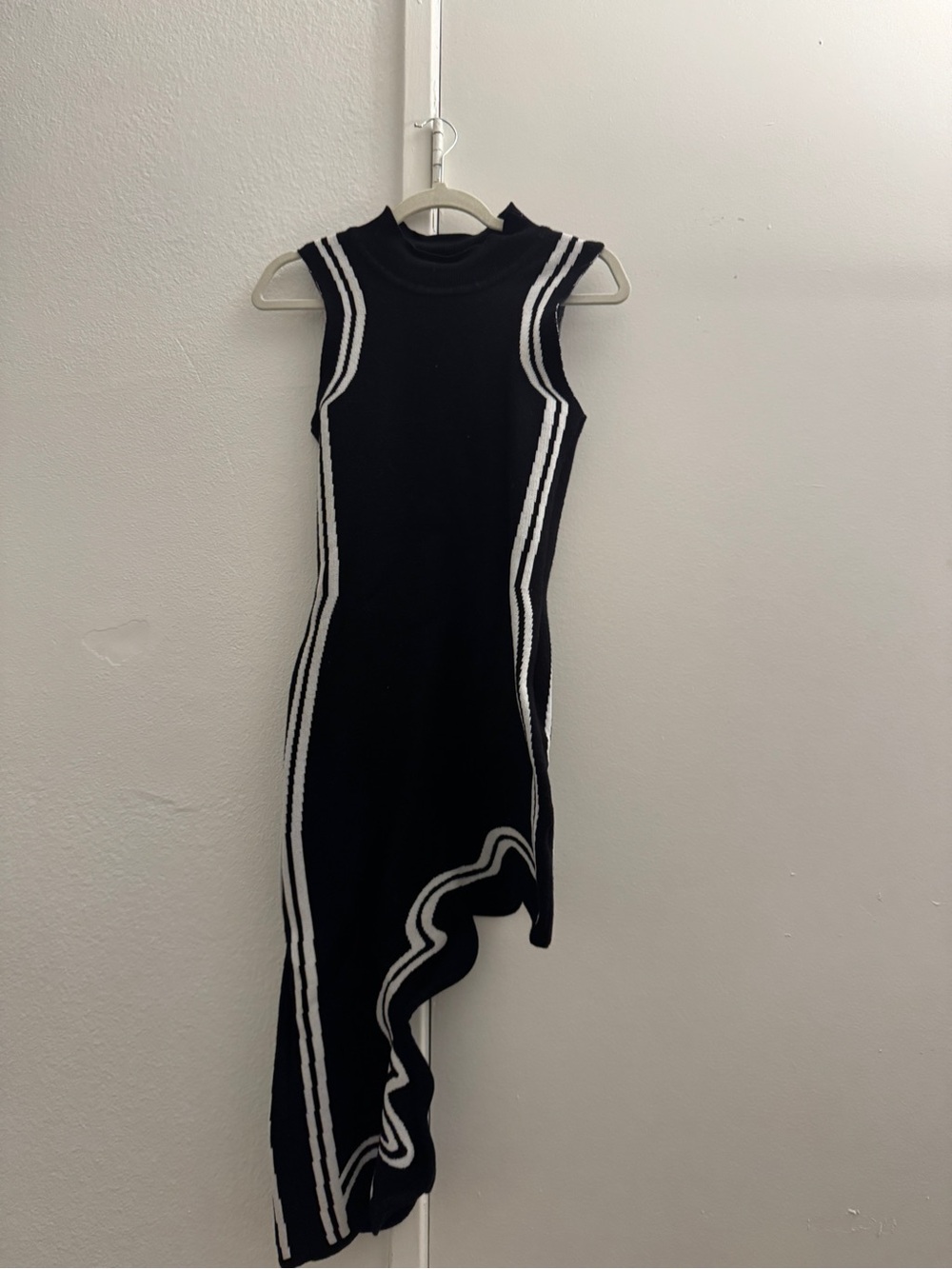 Asymmetric Black Knit Dress with White Contrast Trim